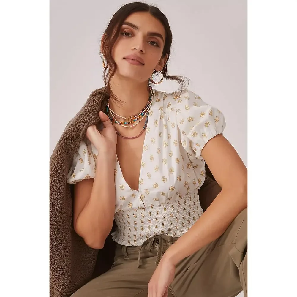 FAITHFULL THE BRAND Alba Top V-Neck Smocked Blouse Cairo Floral 8 Large L